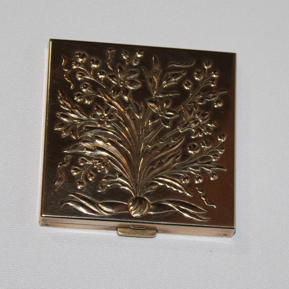 Vintage Volupte USA Gold Tone Square Compact Embossed Floral Bouquet Mirror